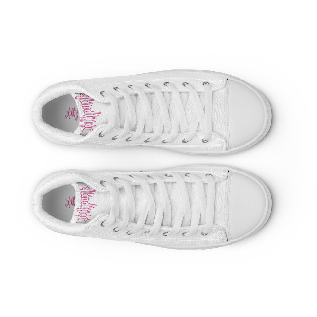 men's high top canvas sneakers in white color, featuring lace-up design and pink branding on the tongue.
