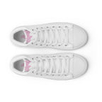 men's high top canvas sneakers in white color, featuring lace-up design and pink branding on the tongue.