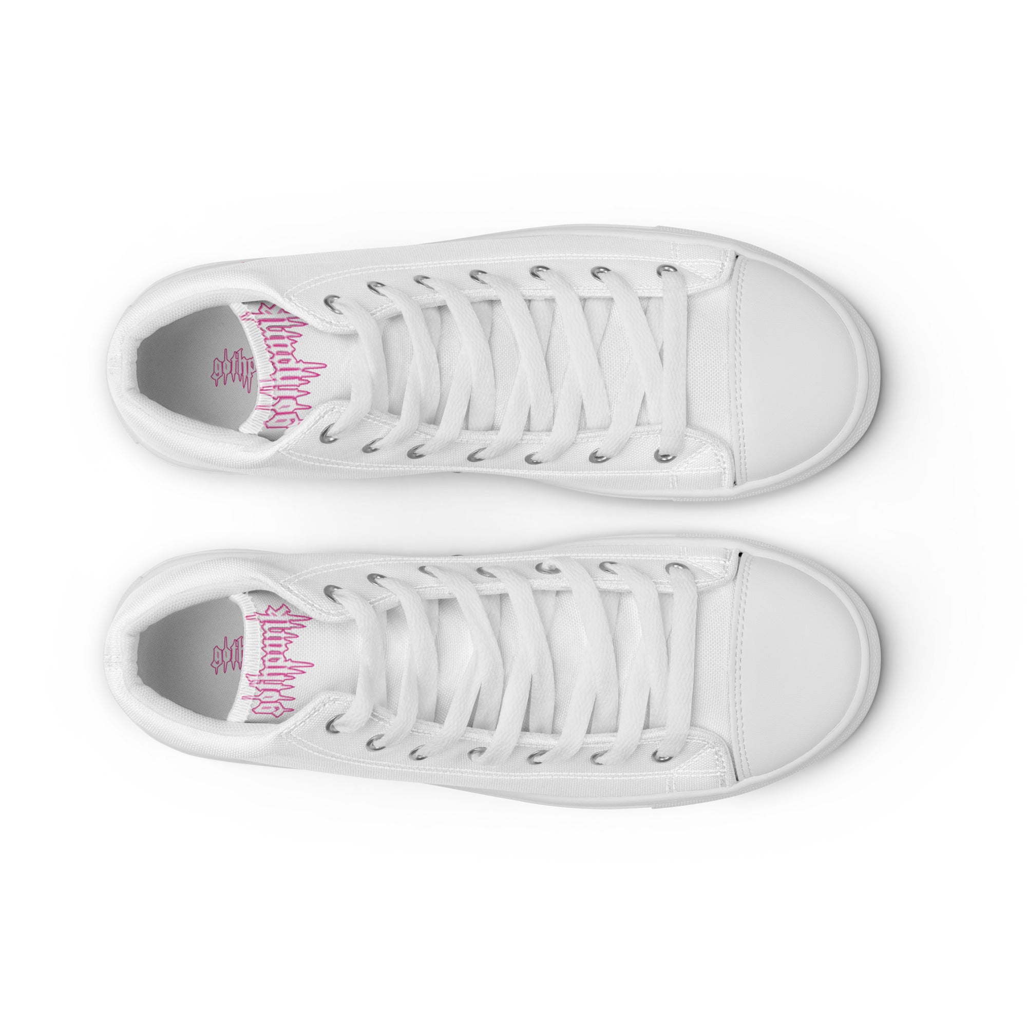 men's high top canvas sneakers in white color, featuring lace-up design and pink branding on the tongue.